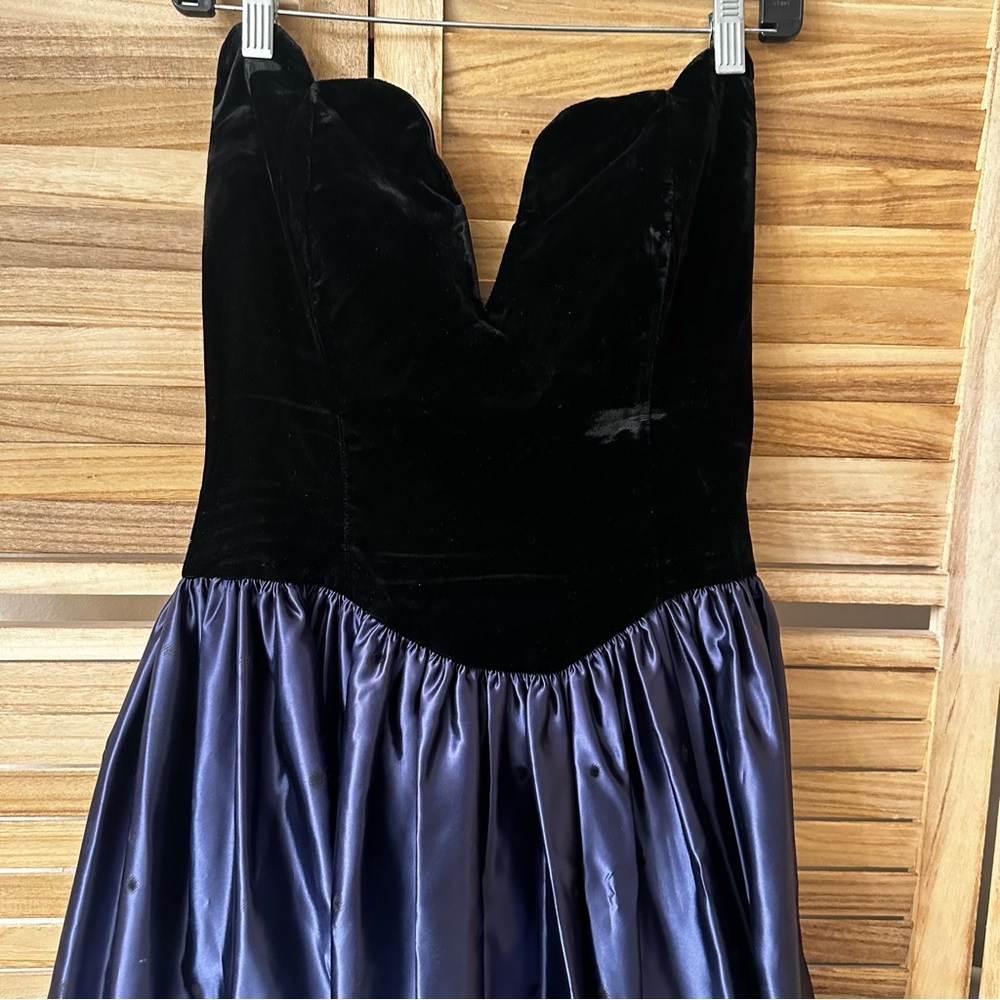 Vintage Jessica McClintock Strapless Midi Dress Blue Velvet Taffeta size 10 - Picture 2 of 11